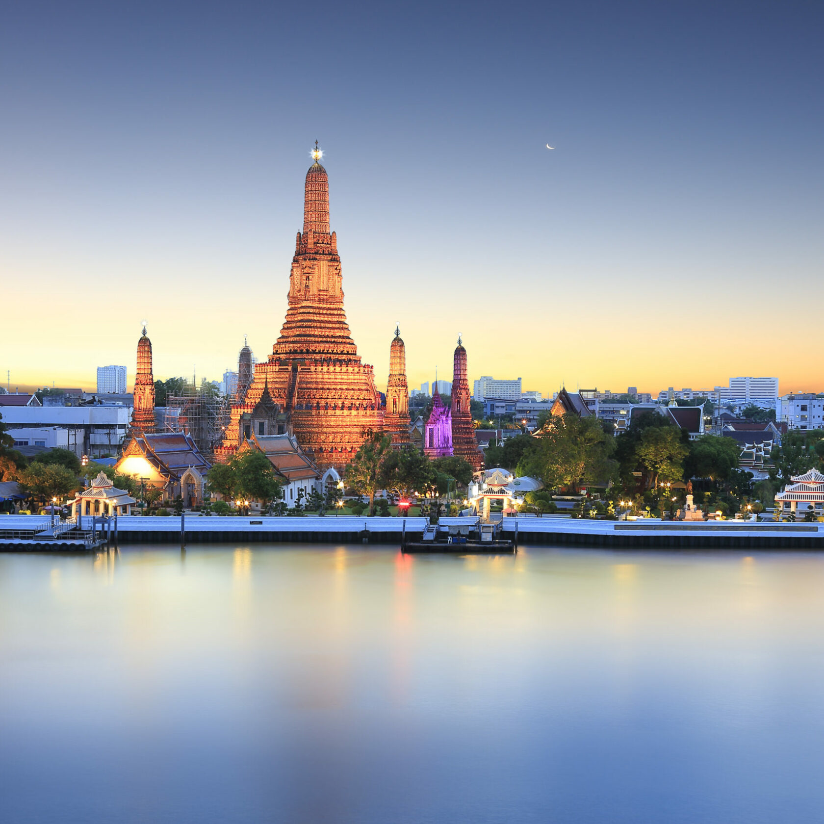 Bangkok Wat Arun Awaiting the sunrise at Bangkok Wat Arun with beautiful subtle reflection of the early dawn mother nature.